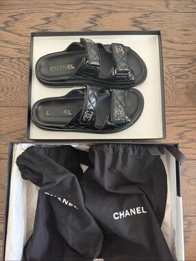 CHANEL Black Quilted Leather Double-Strap Slide Sandals